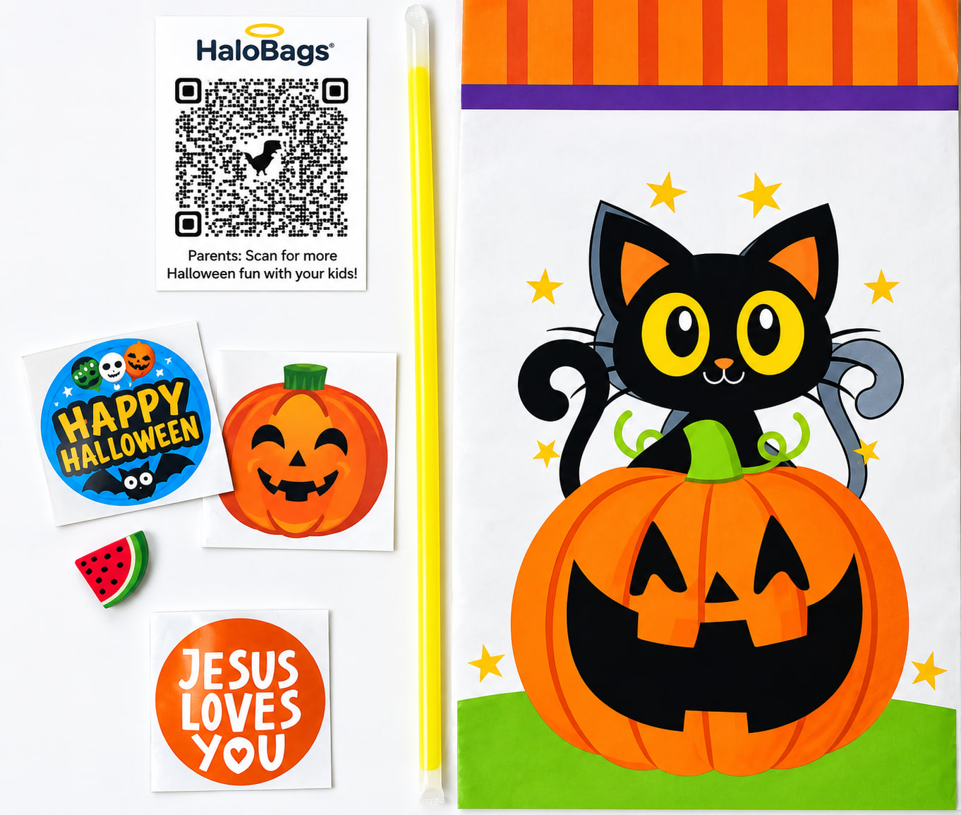 What's inside a HaloBag: the black cat and jack-o'-lantern treat bag, a QR code card for parents, a Happy Halloween sticker, a pumpkin tattoo, a glow stick, a watermelon eraser, and a Jesus Loves You sticker