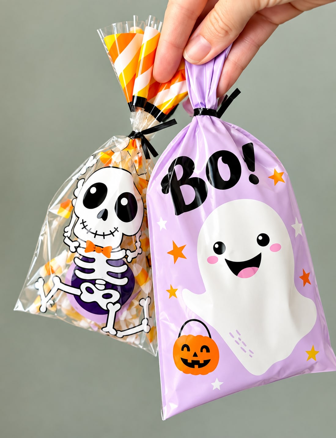 A hand holding two filled Halloween treat bags, one clear with a smiling skeleton and one purple with a friendly ghost and the word Bo!